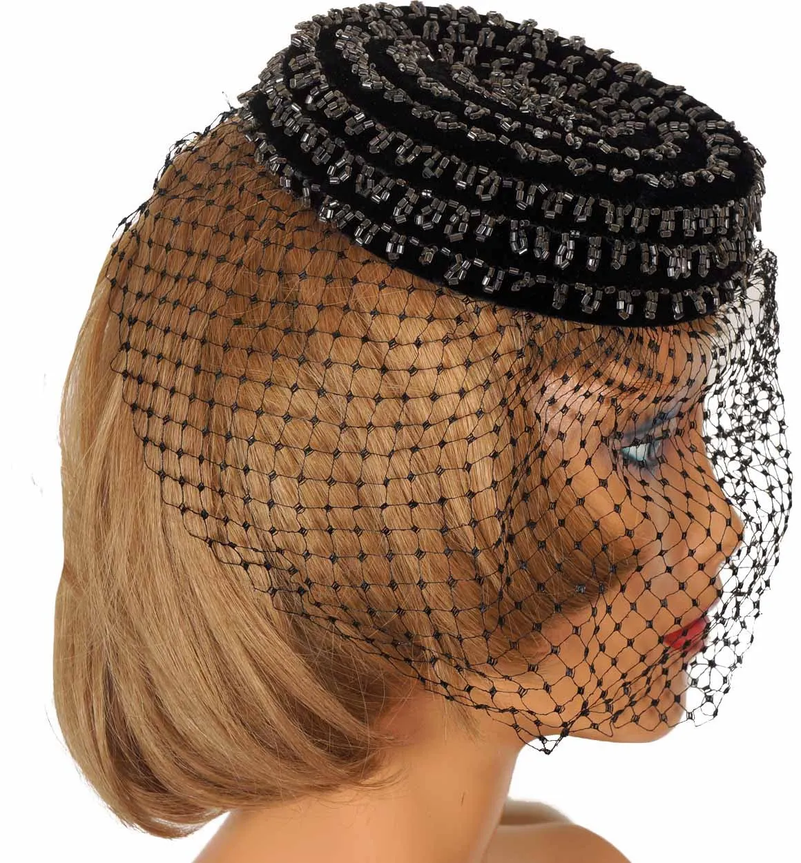 1950s Veiled Pillbox Hat by Amy of New York - Black Velvet with Clear Beads