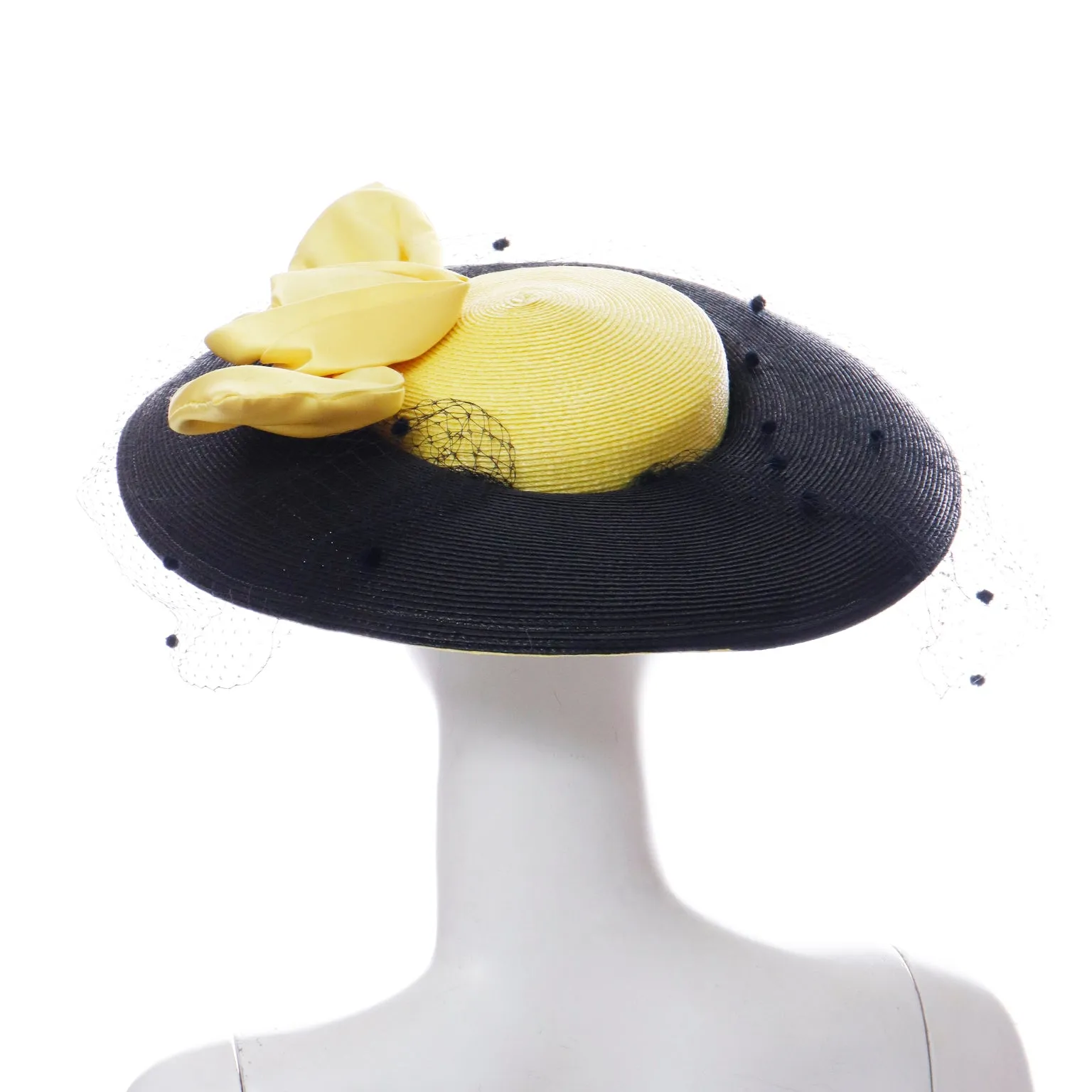 1960s Doris Black Straw Hat w Yellow Crown & Silk Rose Bow