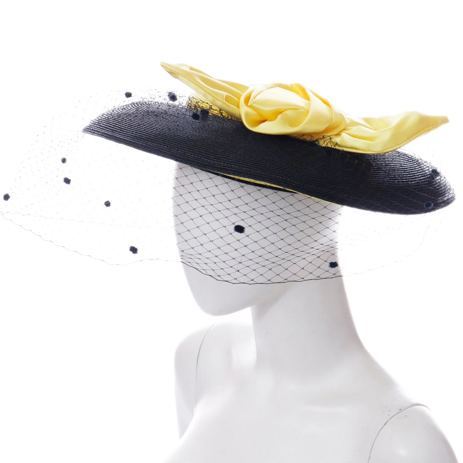 1960s Doris Black Straw Hat w Yellow Crown & Silk Rose Bow