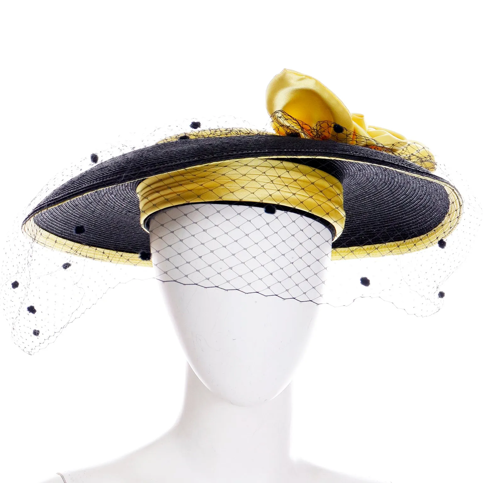 1960s Doris Black Straw Hat w Yellow Crown & Silk Rose Bow