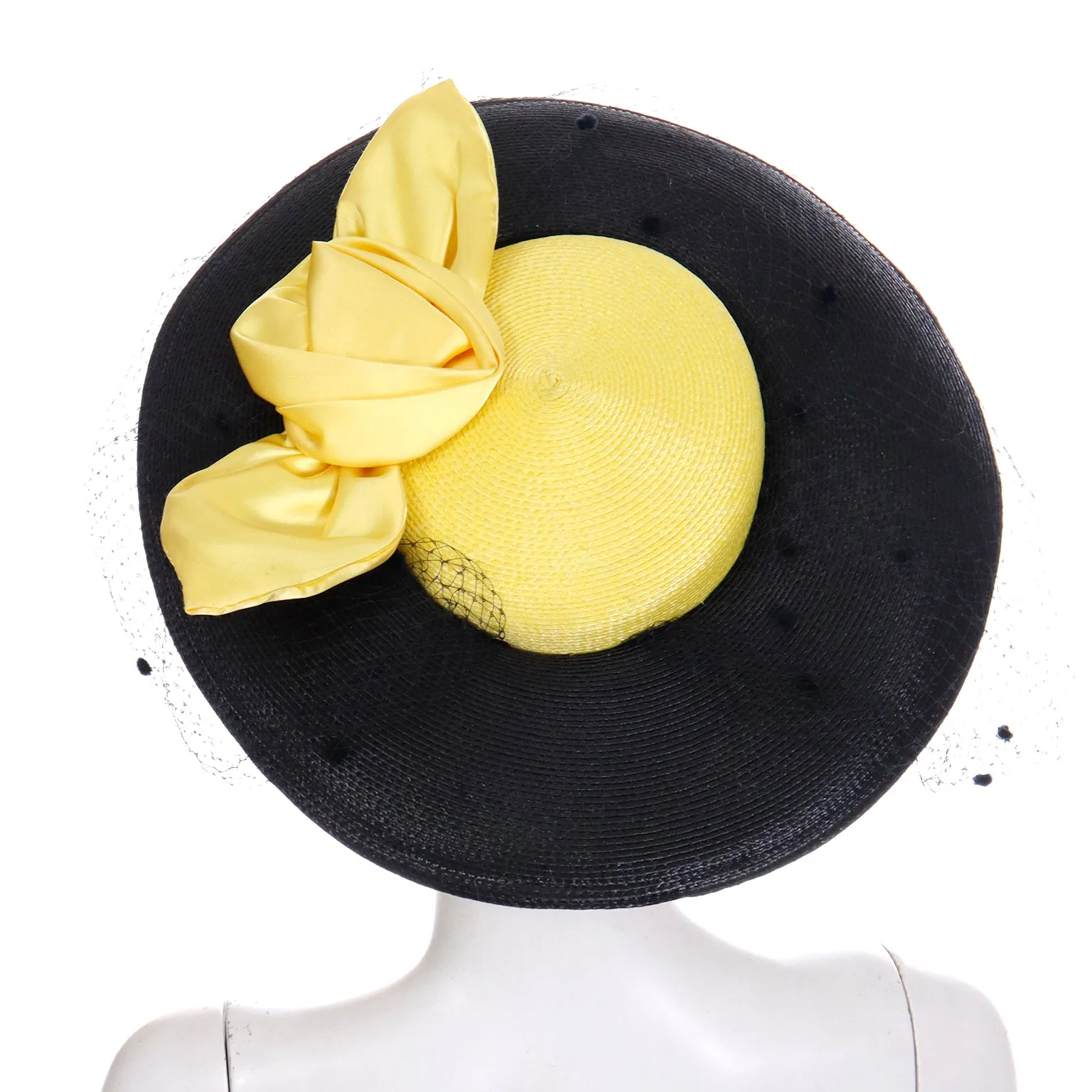 1960s Doris Black Straw Hat w Yellow Crown & Silk Rose Bow