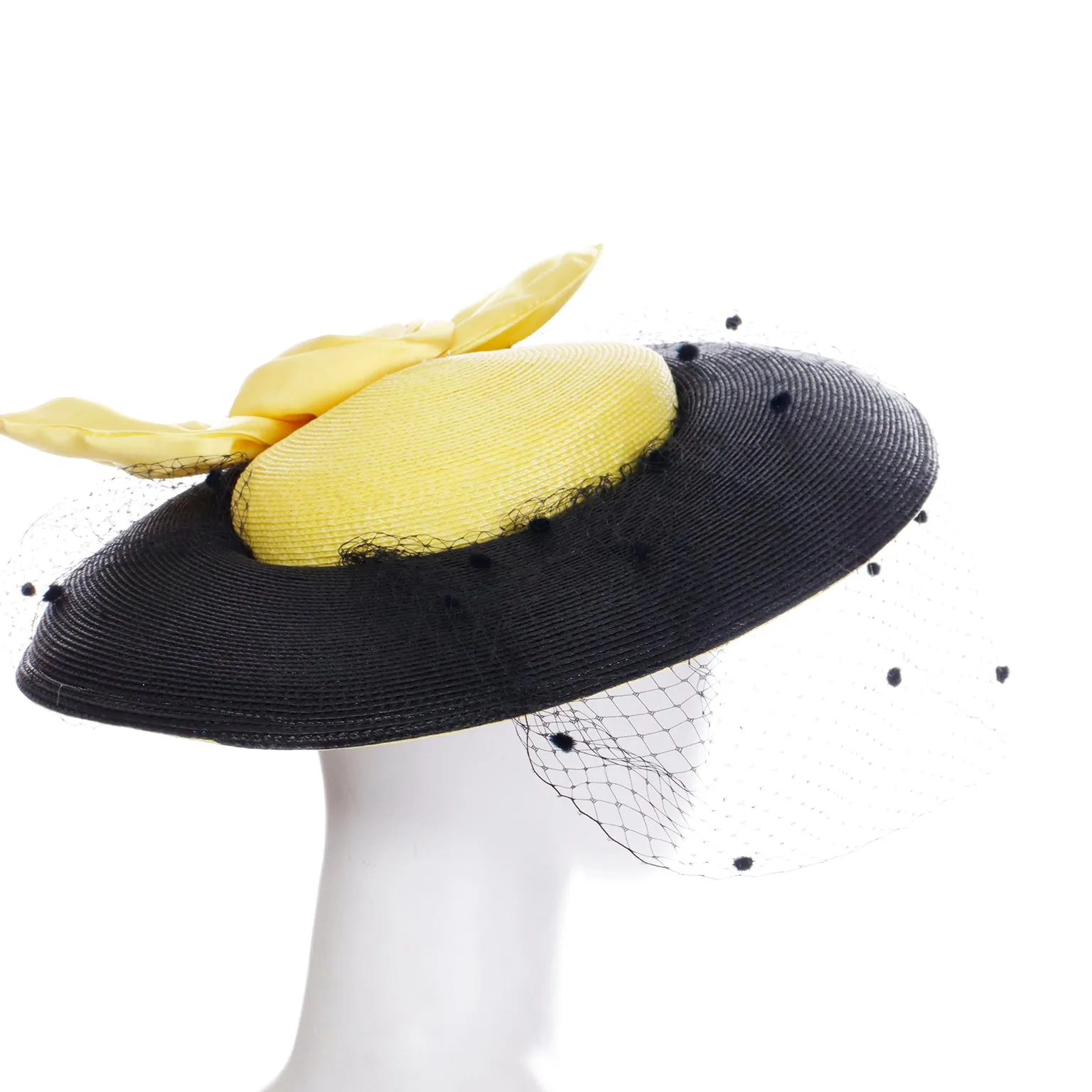 1960s Doris Black Straw Hat w Yellow Crown & Silk Rose Bow