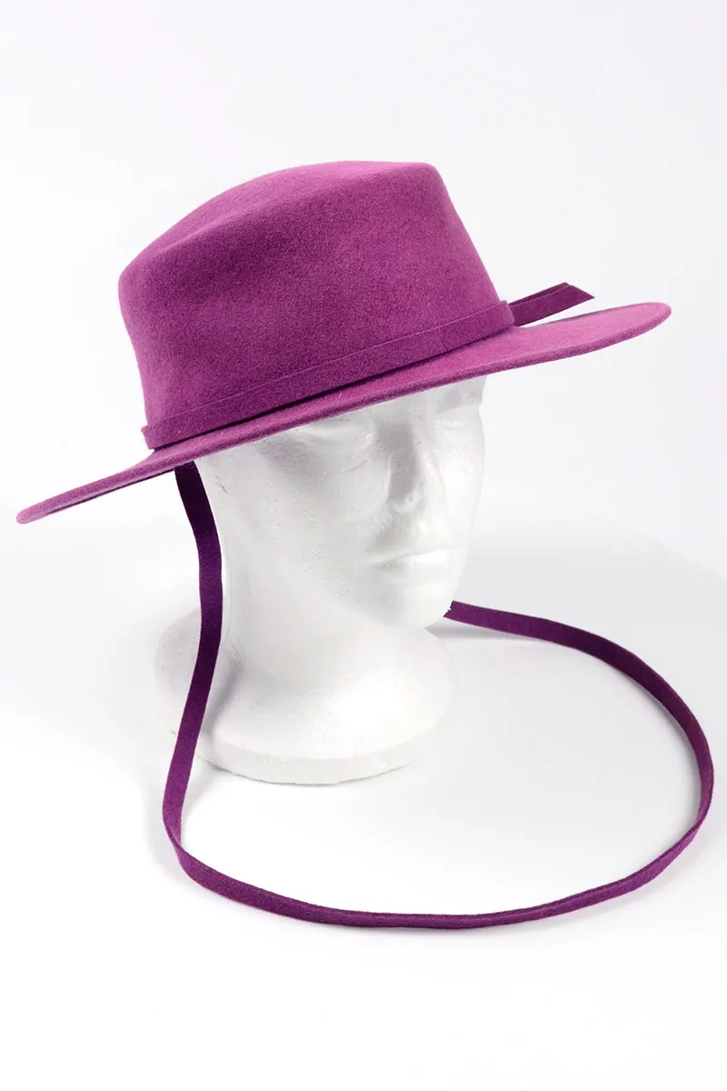 1970s Purple Felted Wool Flat Crown Gaucho Hat w Long Strap