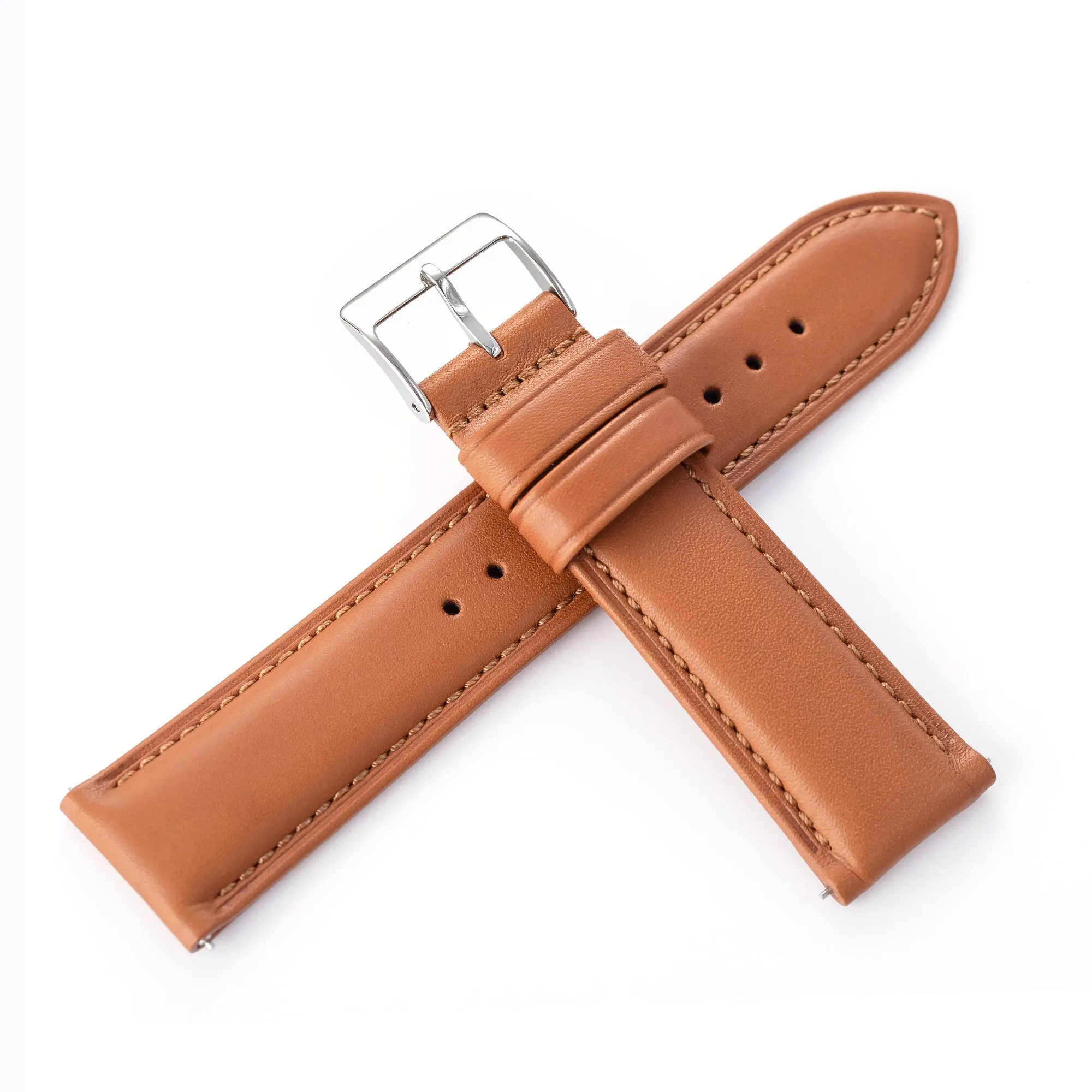 20mm 22mm Quick Release Padded Leather Watch Strap - Light Brown Full Stitch