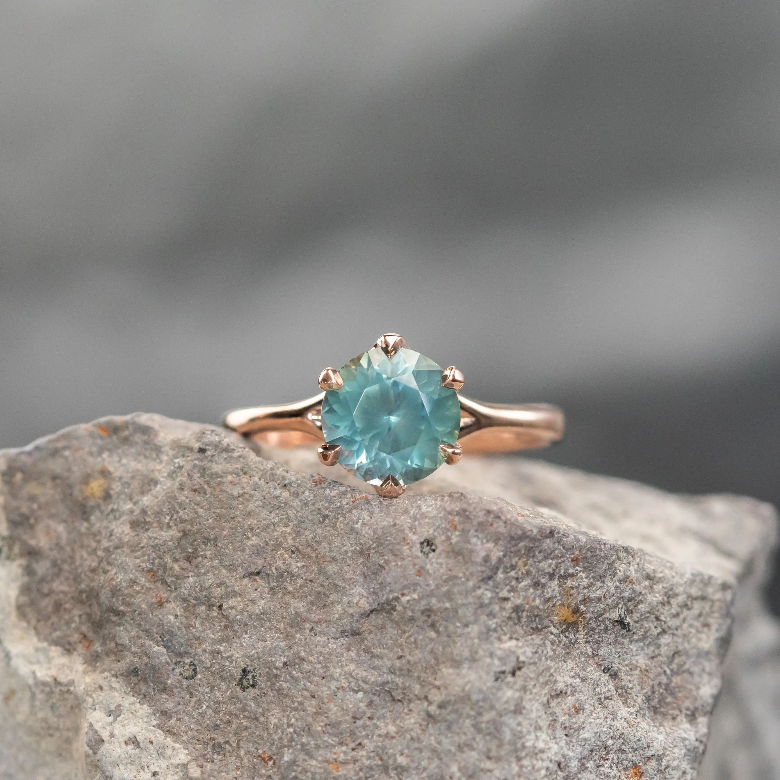 2.19ct Round Teal, Silky Montana Sapphire Six Prong Split Shank Solitaire in 14k Rose Gold