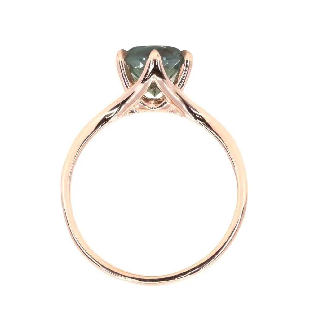 2.19ct Round Teal, Silky Montana Sapphire Six Prong Split Shank Solitaire in 14k Rose Gold