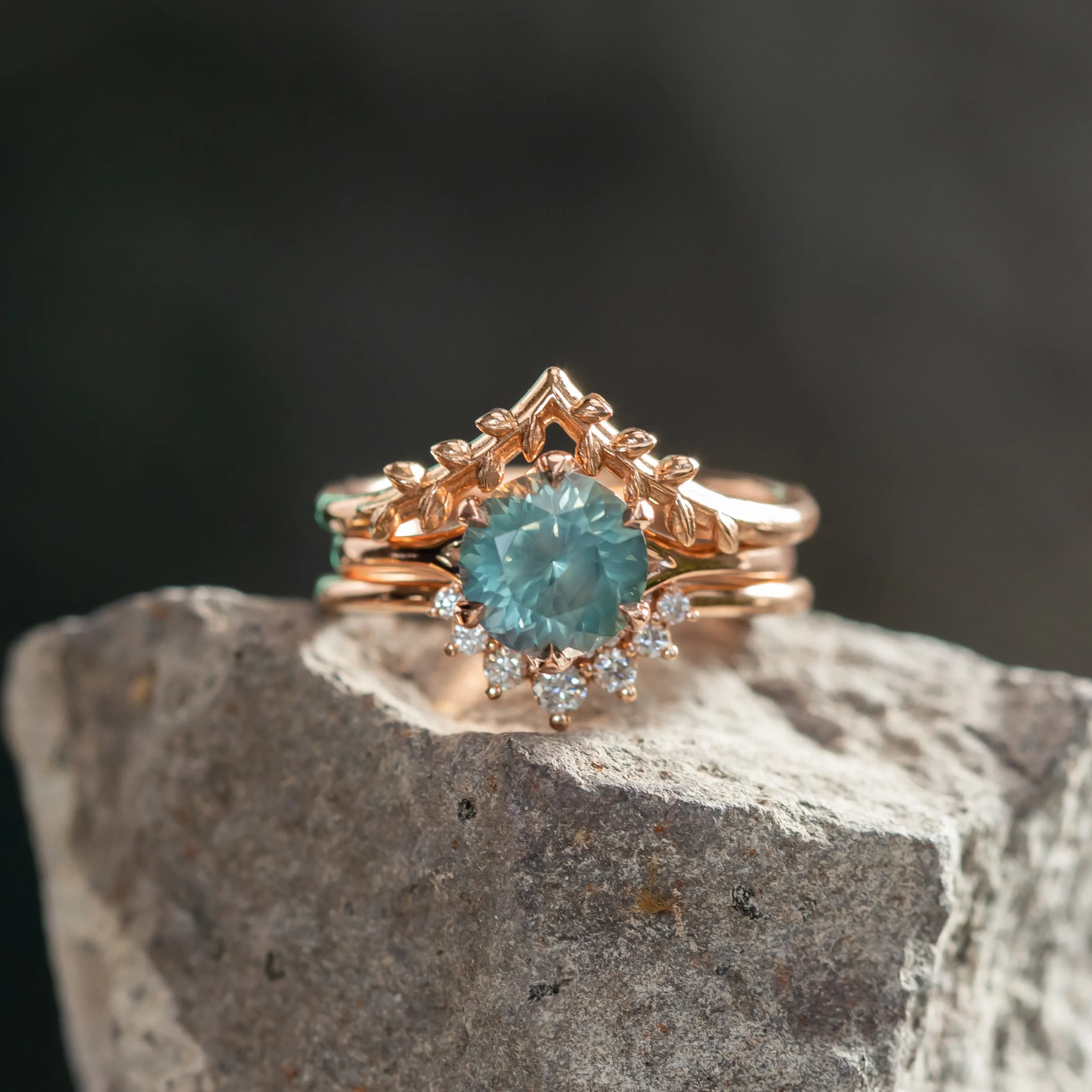 2.19ct Round Teal, Silky Montana Sapphire Six Prong Split Shank Solitaire in 14k Rose Gold