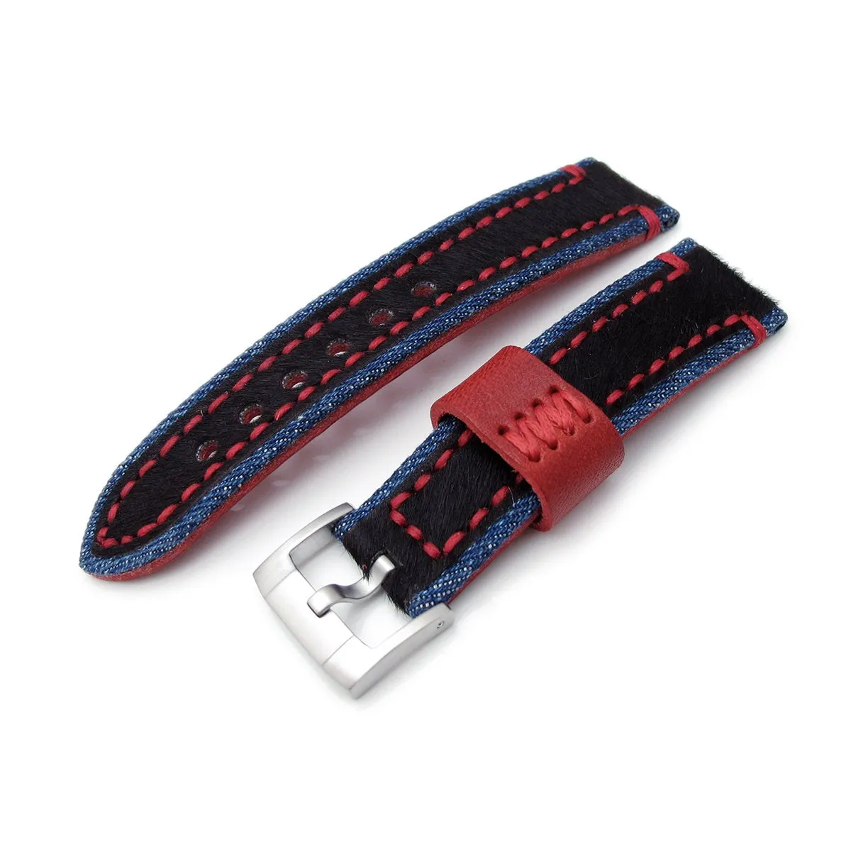 22mm MiLTAT Zizz Collection Brown Fur & Denim Watch Strap Red Wax Hand Stitching