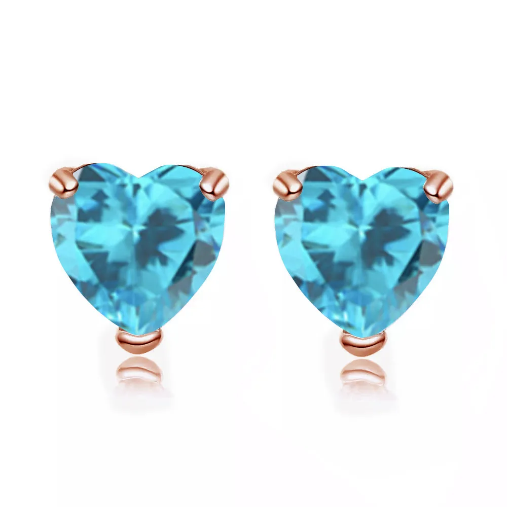 24k Rose Gold Plated 3 Carat Heart Created Blue Topaz Sapphire Stud Earrings