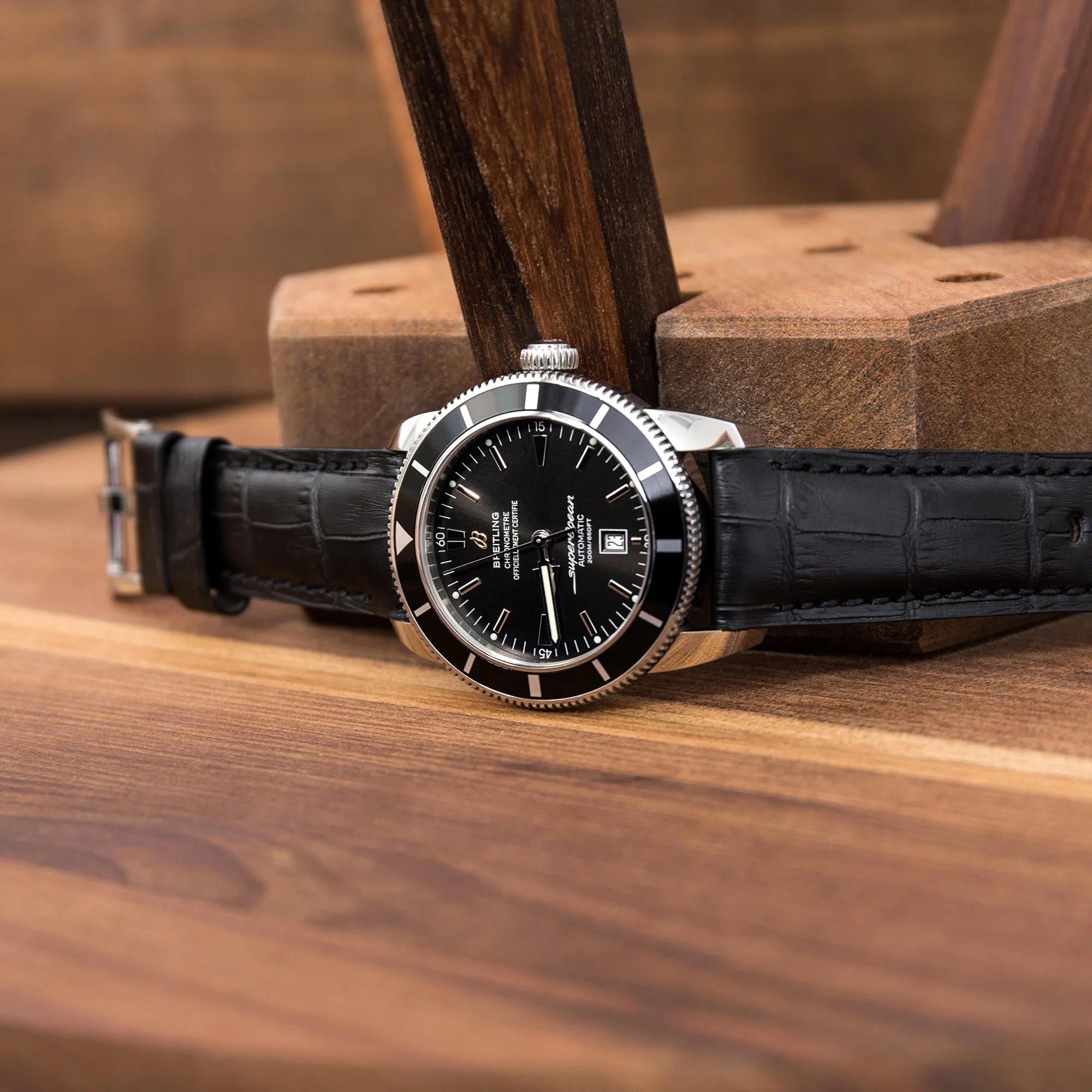 24mm CrocoCalf (Croco Grain) Matte Black Watch Strap with Black Stitches, Polished Screw-in Buckle