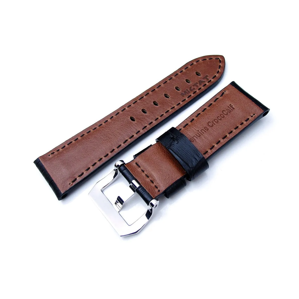 24mm CrocoCalf (Croco Grain) Matte Black Watch Strap with Black Stitches, Polished Screw-in Buckle