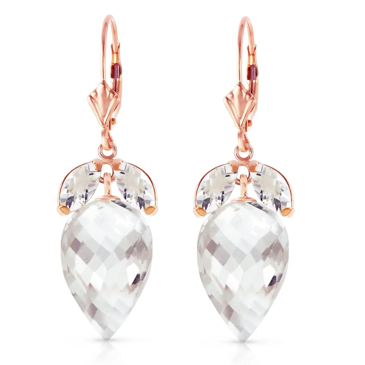 25.5 Carat 14K Solid Rose Gold Earrings Pointy Briolette White Topaz