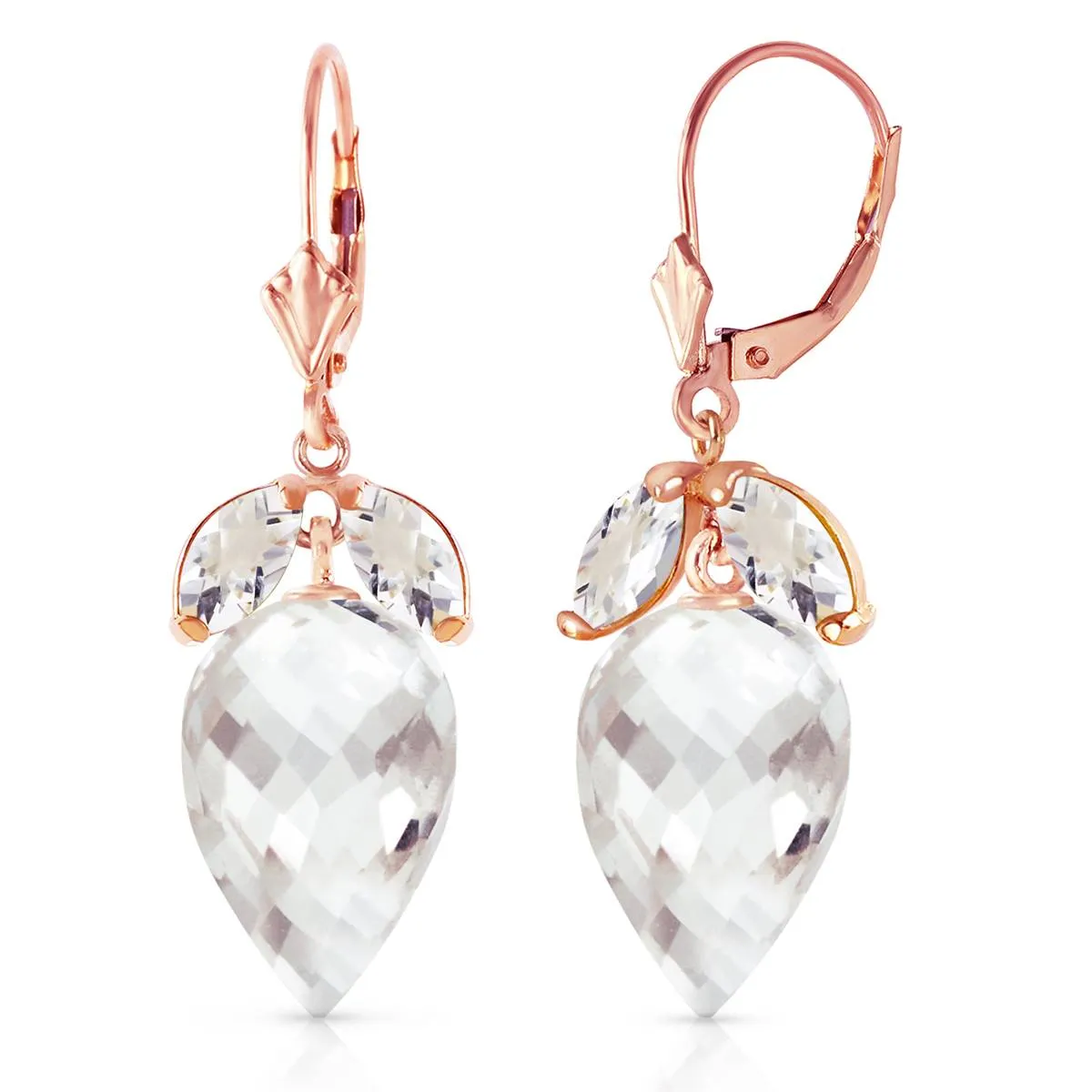 25.5 Carat 14K Solid Rose Gold Earrings Pointy Briolette White Topaz