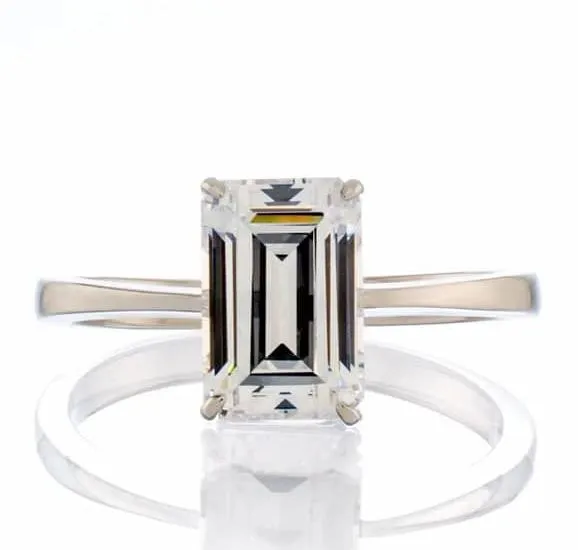 3 Carat Emerald Cut Cubic Zirconia Solitaire Engagement Ring - White Gold Plated Sterling Silver