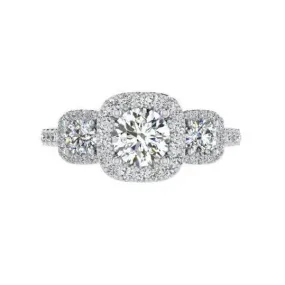 3 Stone Diamond Halo Engagement Ring