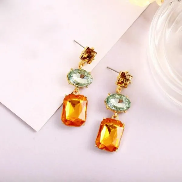 3 Stone Green Orange Champagne Rhinestone Dangle Earrings