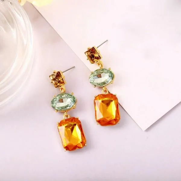 3 Stone Green Orange Champagne Rhinestone Dangle Earrings