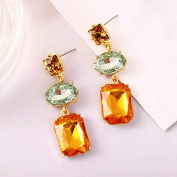 3 Stone Green Orange Champagne Rhinestone Dangle Earrings