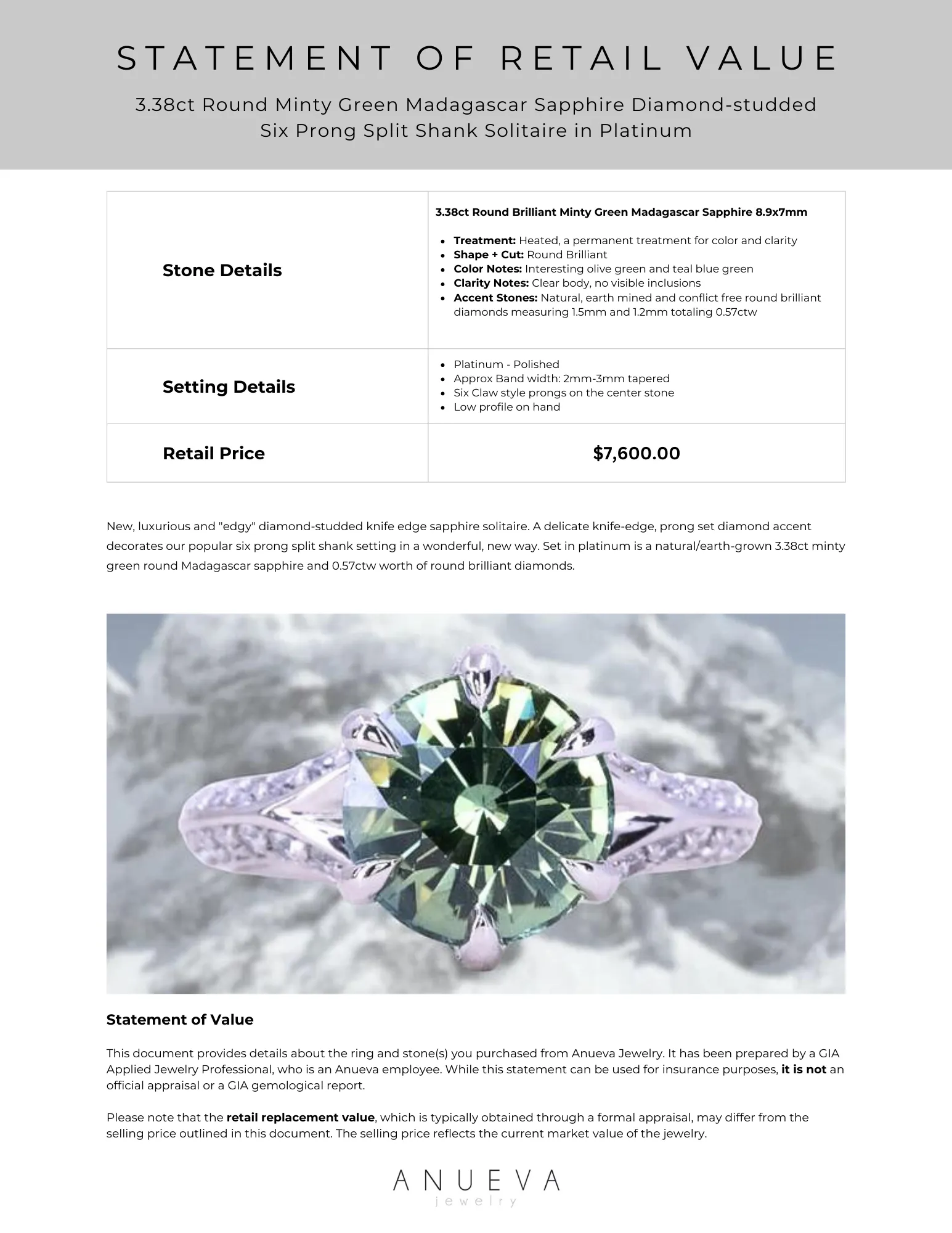 3.38ct Round Minty Green Madagascar Sapphire Diamond-studded Six Prong Split Shank Solitaire in Platinum