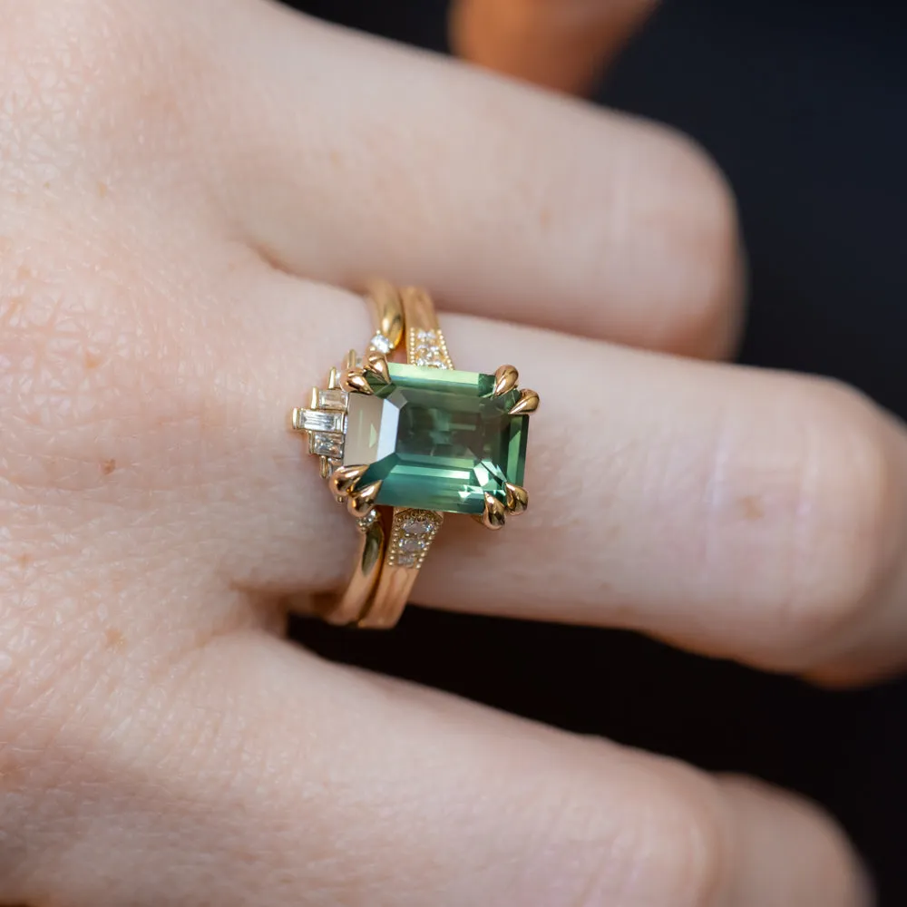 4.08ct Emerald Cut Green Sapphire and Diamond Vintage Cathedral Double Prong Ring in 18k Yellow Gold