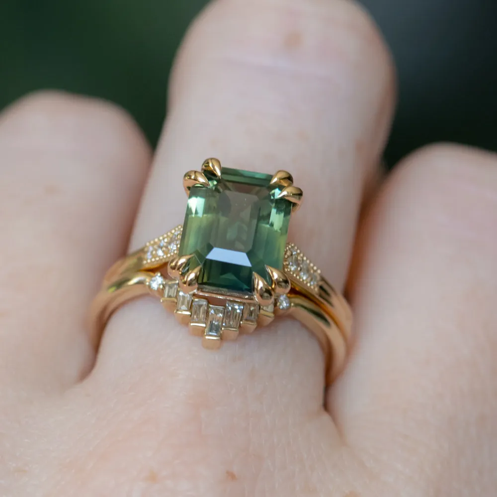 4.08ct Emerald Cut Green Sapphire and Diamond Vintage Cathedral Double Prong Ring in 18k Yellow Gold