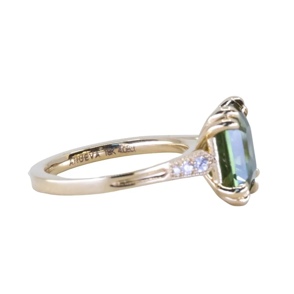 4.08ct Emerald Cut Green Sapphire and Diamond Vintage Cathedral Double Prong Ring in 18k Yellow Gold