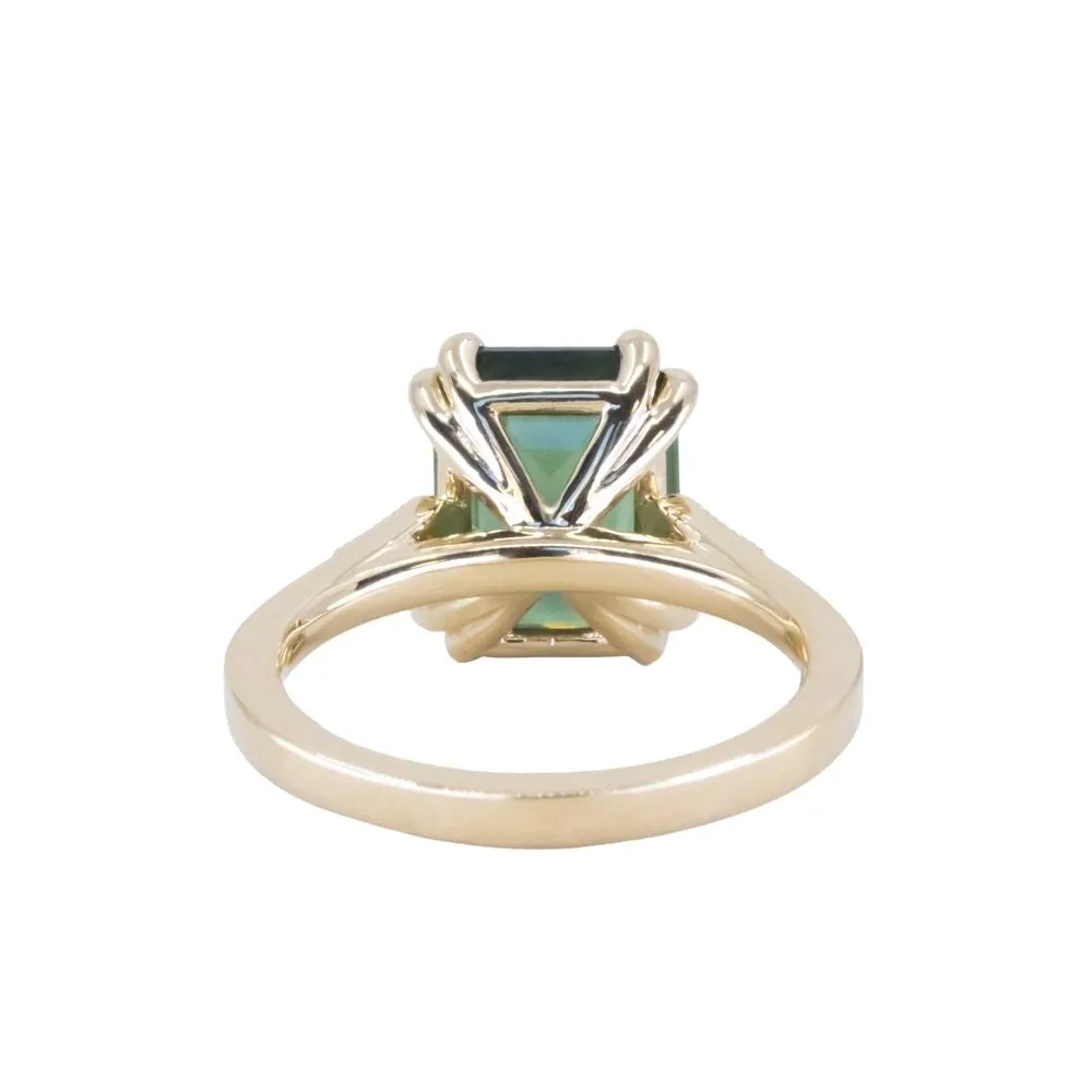 4.08ct Emerald Cut Green Sapphire and Diamond Vintage Cathedral Double Prong Ring in 18k Yellow Gold