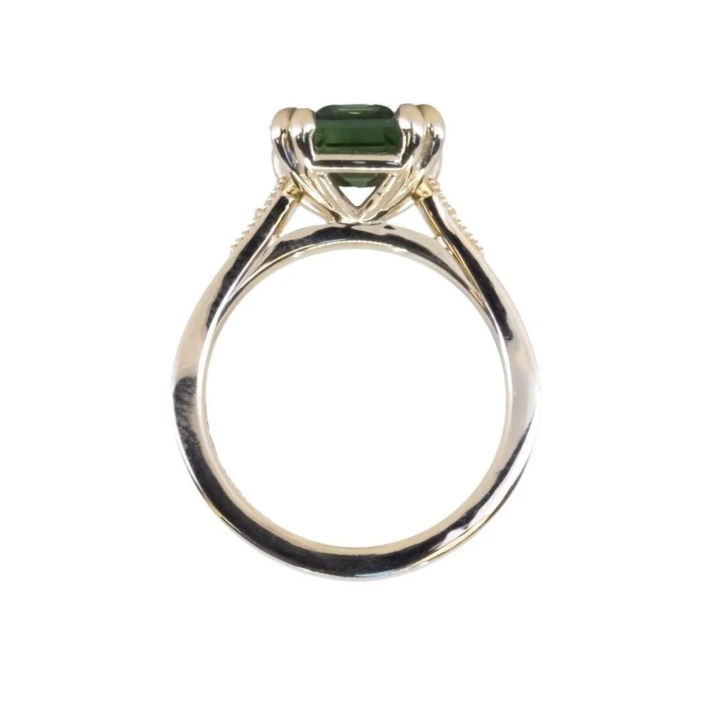 4.08ct Emerald Cut Green Sapphire and Diamond Vintage Cathedral Double Prong Ring in 18k Yellow Gold