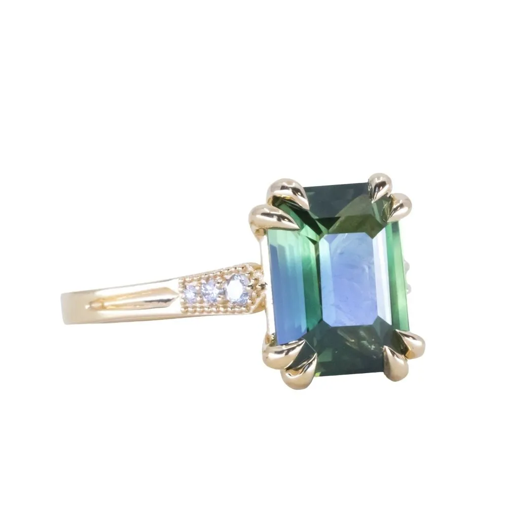 4.08ct Emerald Cut Green Sapphire and Diamond Vintage Cathedral Double Prong Ring in 18k Yellow Gold