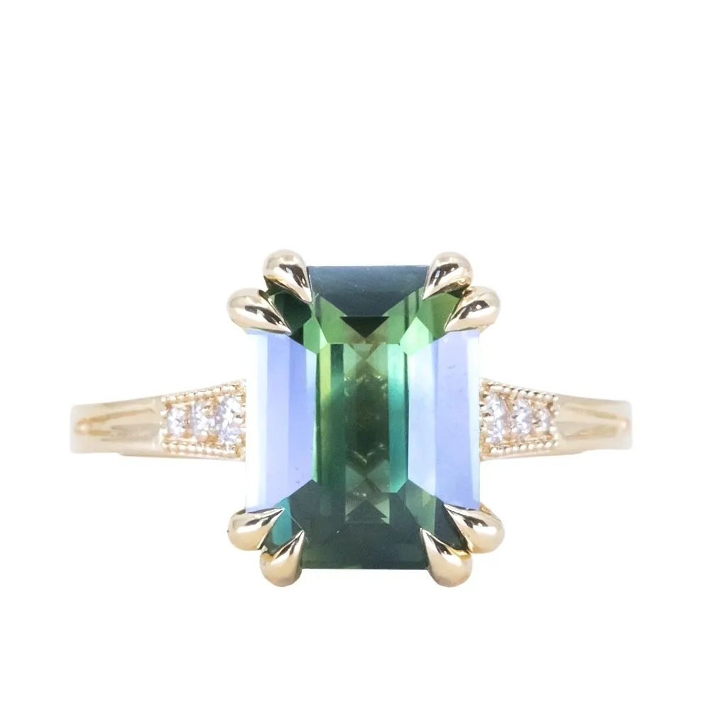 4.08ct Emerald Cut Green Sapphire and Diamond Vintage Cathedral Double Prong Ring in 18k Yellow Gold