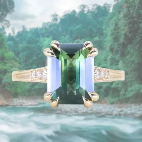 4.08ct Emerald Cut Green Sapphire and Diamond Vintage Cathedral Double Prong Ring in 18k Yellow Gold