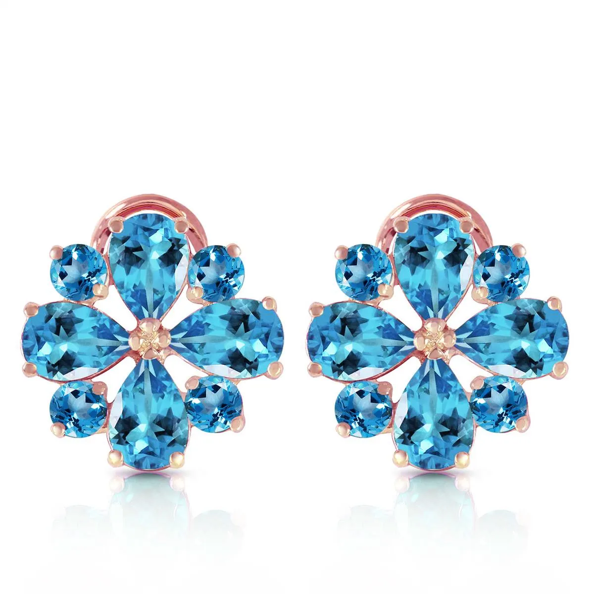 4.85 Carat 14K Solid Rose Gold Flower Blue Topaz Clip Earrings