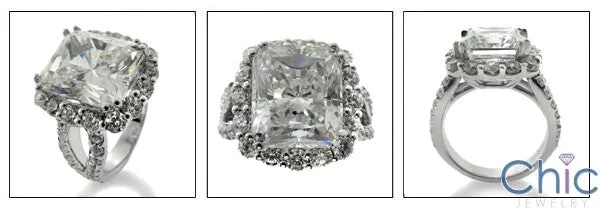 5 Carat Radiant Cubic Zirconia in Halo Round Side Stones Share Prong Engagement 14K White Gold Ring