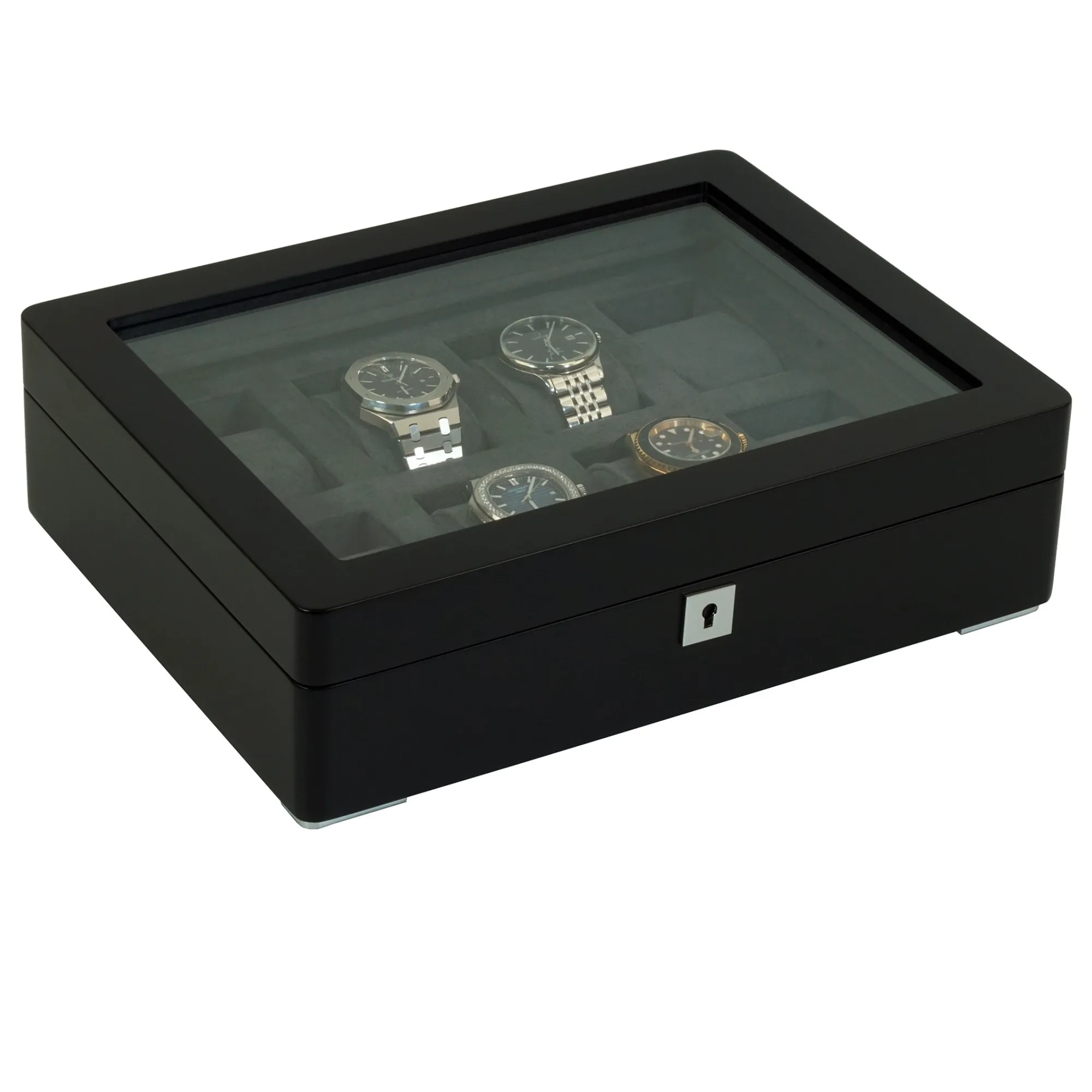 8 Slot Black Wooden Watch Box with Charcoal Interior