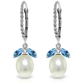 9 Carat 14K Solid White Gold Leverback Earrings Blue Topaz Pearl