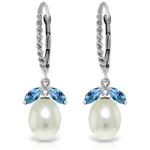 9 Carat 14K Solid White Gold Leverback Earrings Blue Topaz Pearl