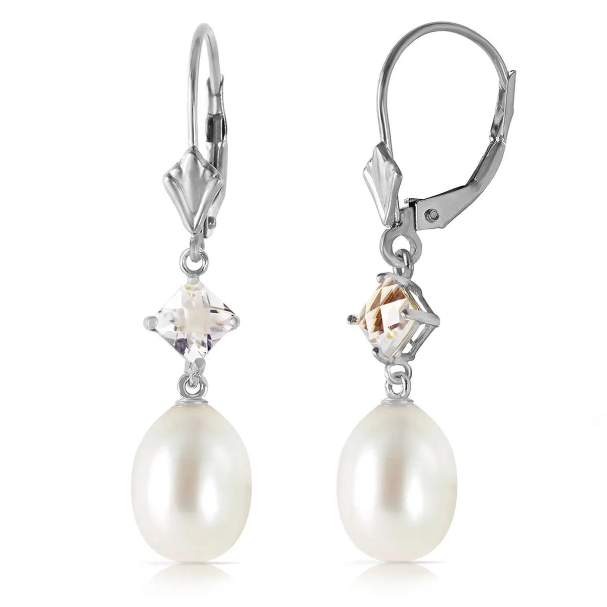 9 Carat 14K Solid White Gold Uniqueness White Topaz Pearl Earrings