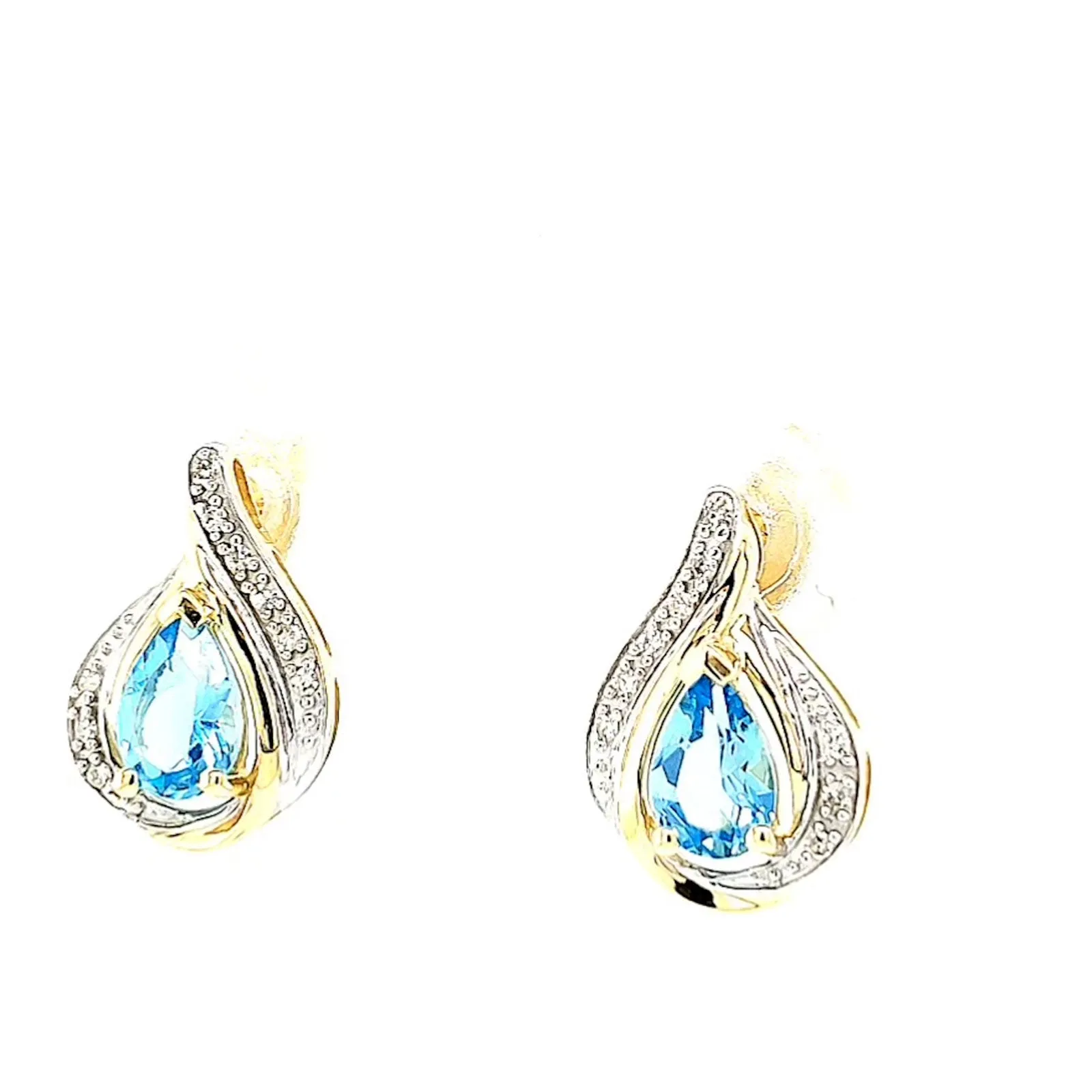 9ct Yellow Gold Pear Cut6x4 mm Blue Topaz Diamond Set Stud Earrings