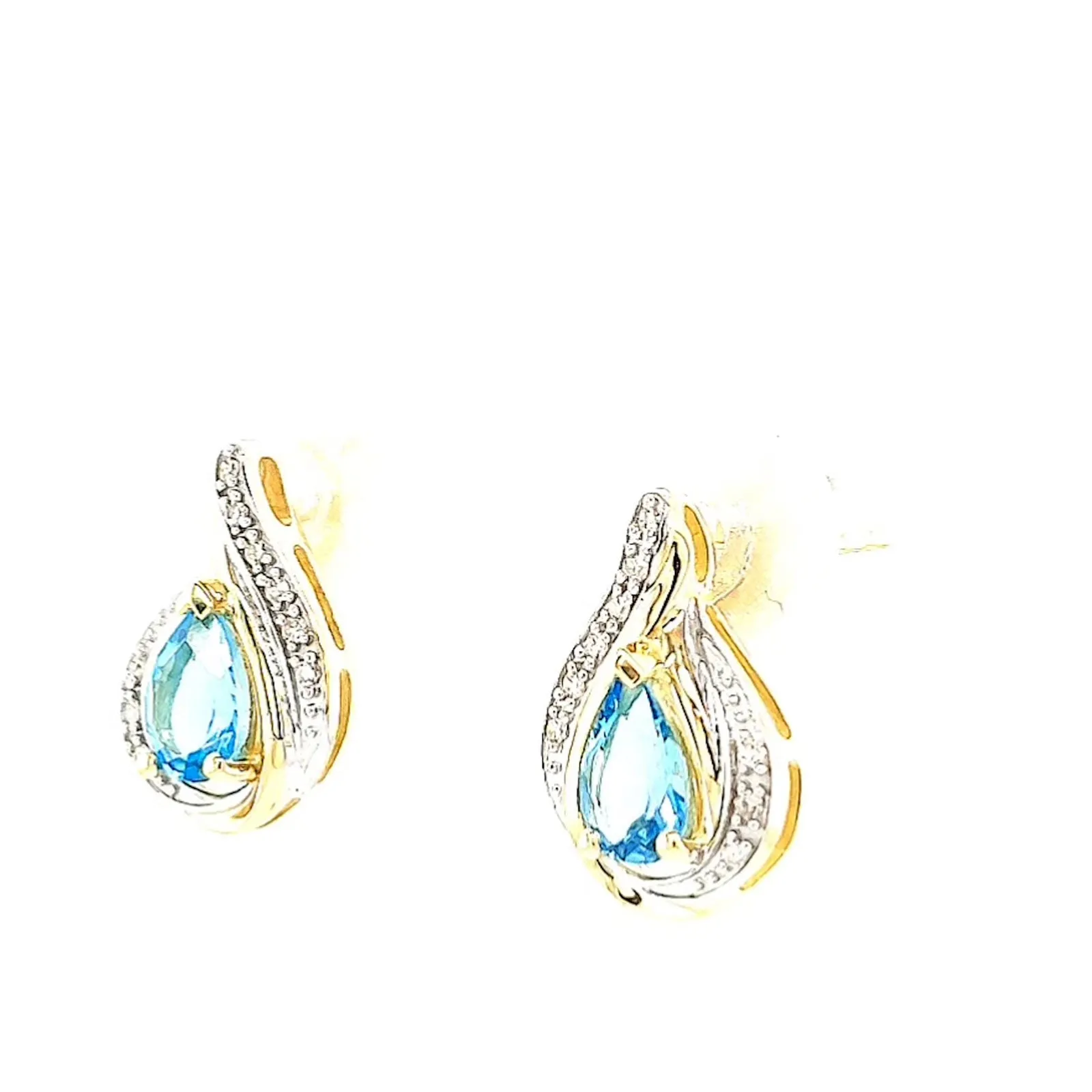 9ct Yellow Gold Pear Cut6x4 mm Blue Topaz Diamond Set Stud Earrings