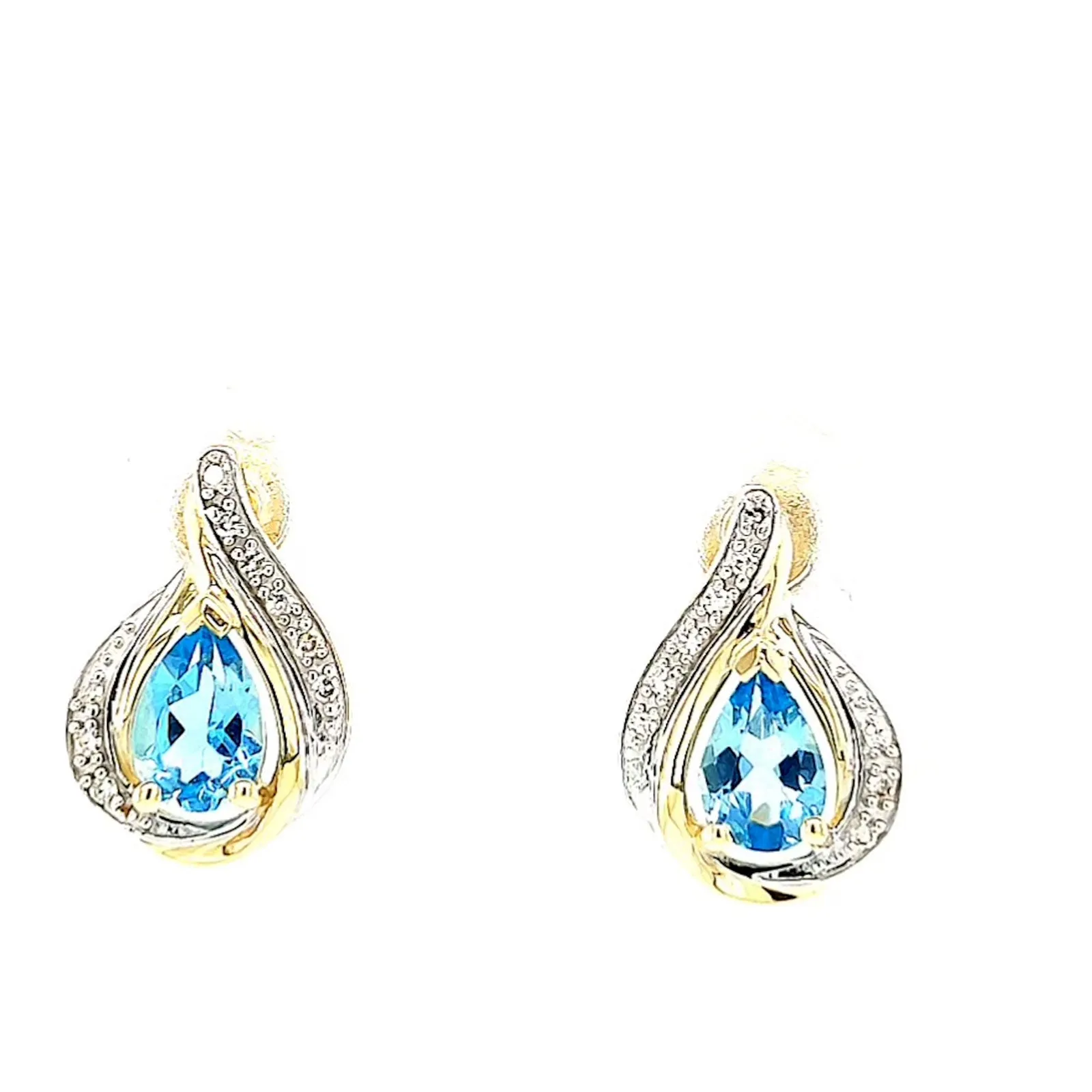 9ct Yellow Gold Pear Cut6x4 mm Blue Topaz Diamond Set Stud Earrings