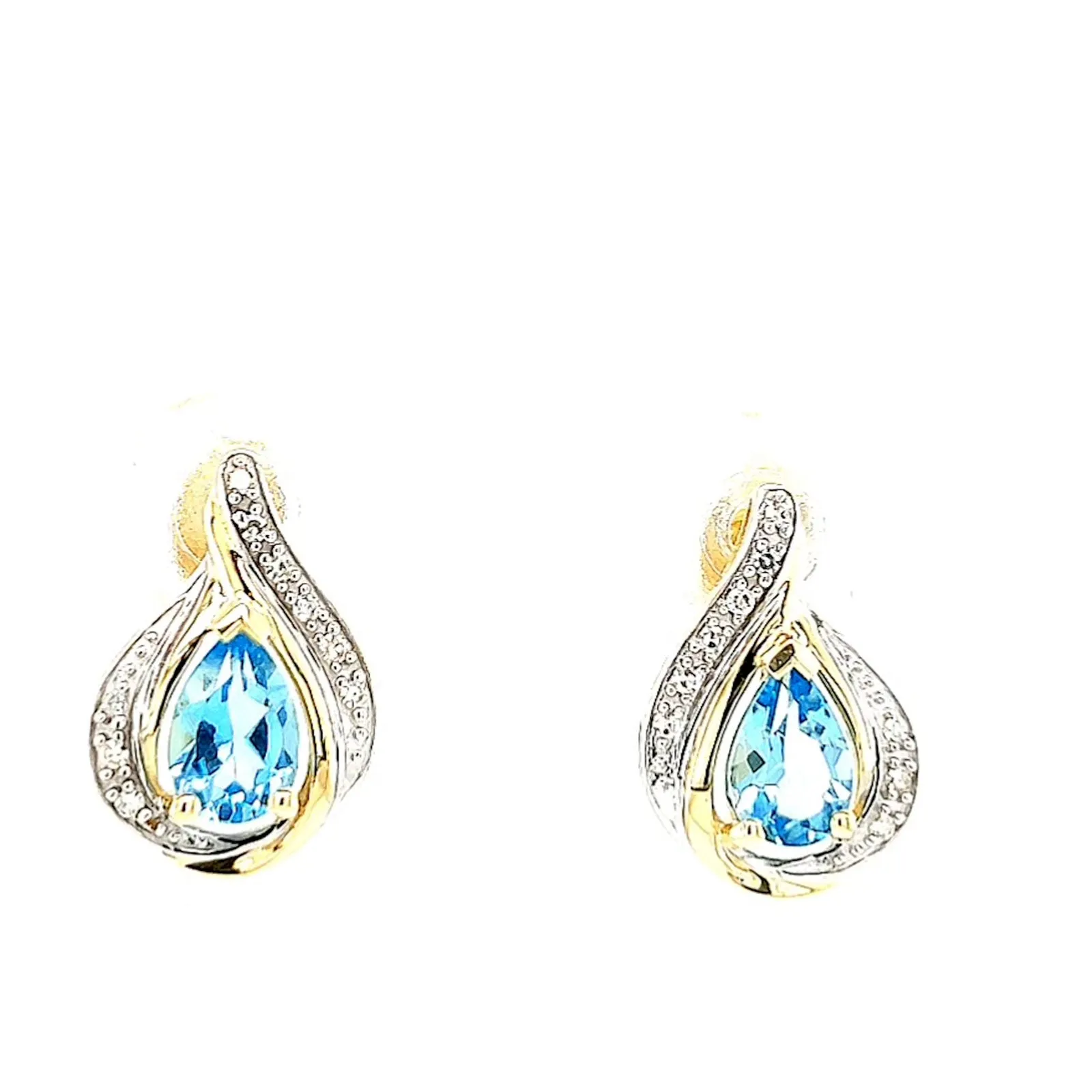 9ct Yellow Gold Pear Cut6x4 mm Blue Topaz Diamond Set Stud Earrings