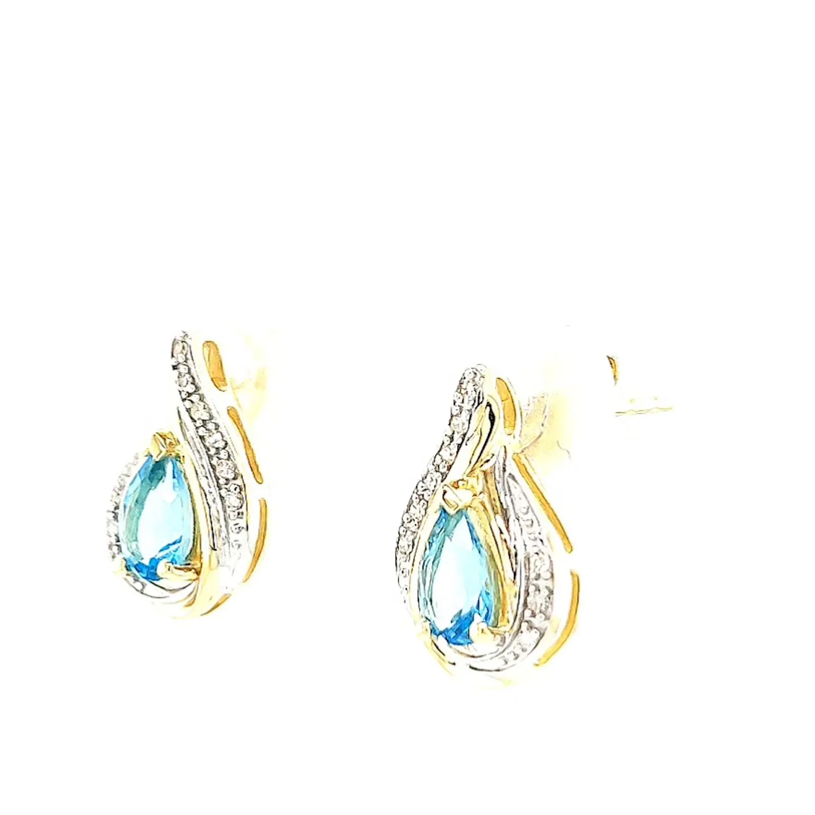 9ct Yellow Gold Pear Cut6x4 mm Blue Topaz Diamond Set Stud Earrings