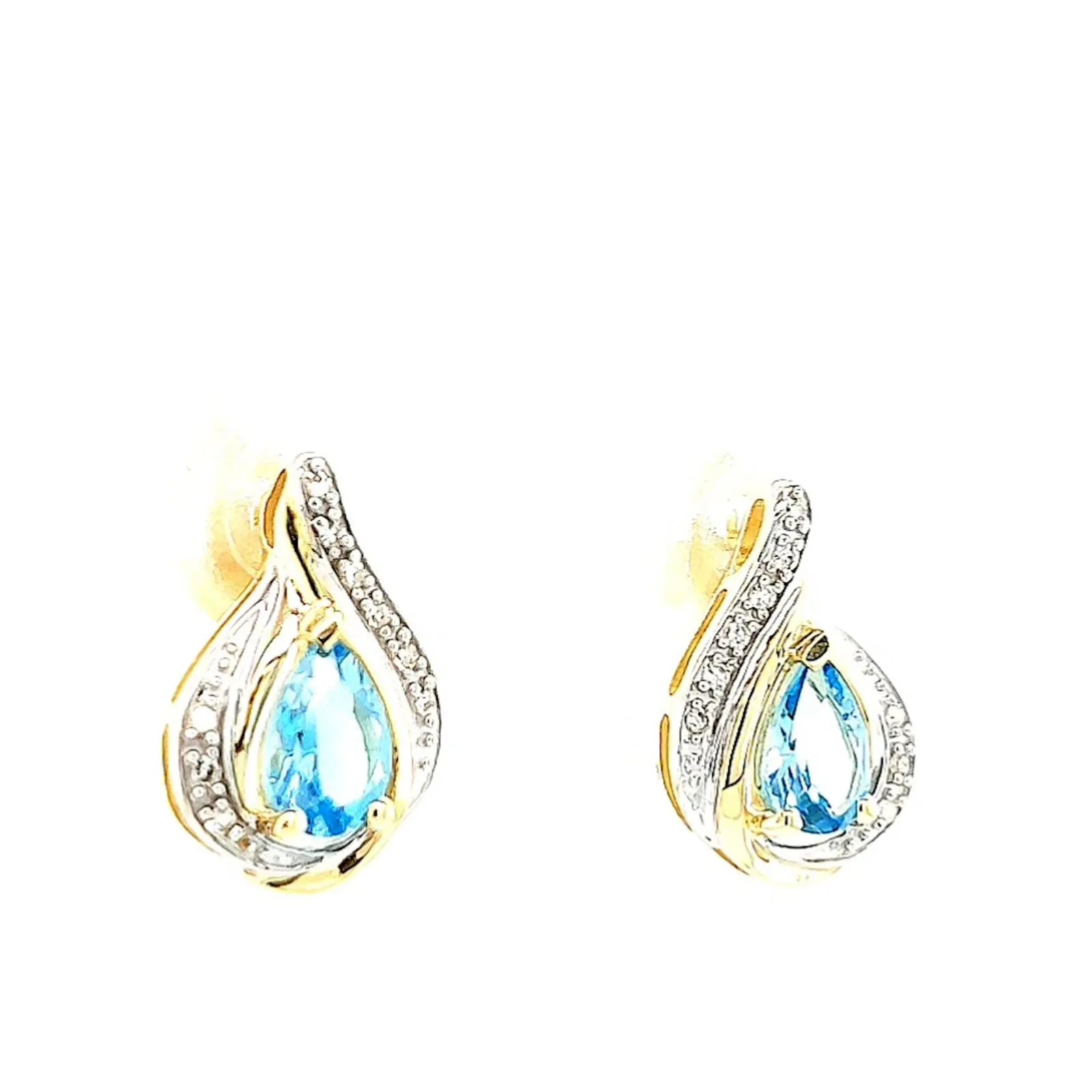 9ct Yellow Gold Pear Cut6x4 mm Blue Topaz Diamond Set Stud Earrings