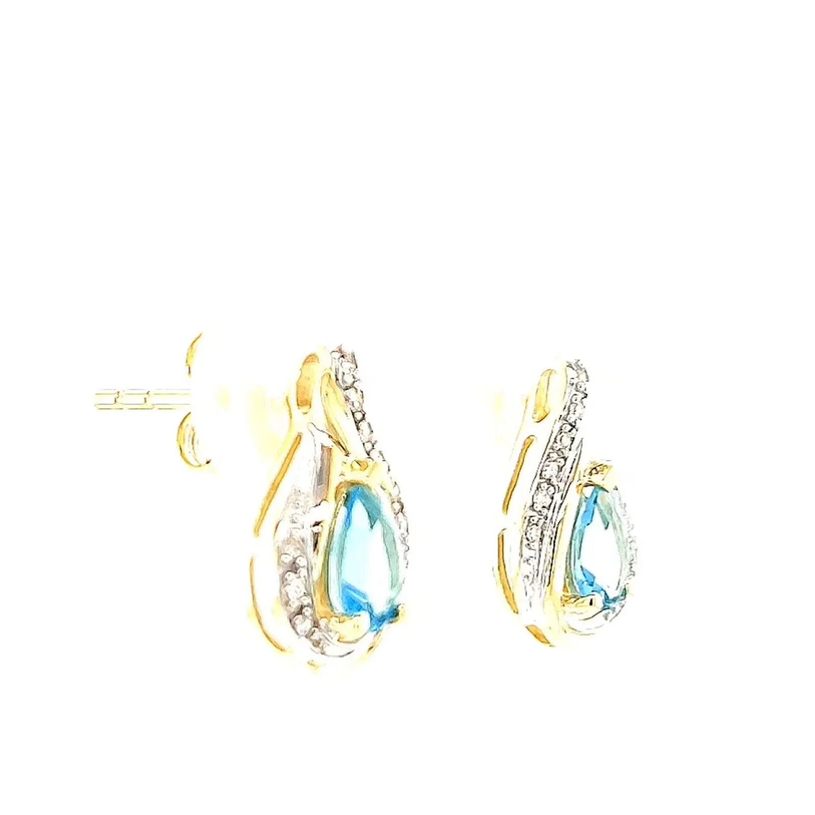 9ct Yellow Gold Pear Cut6x4 mm Blue Topaz Diamond Set Stud Earrings