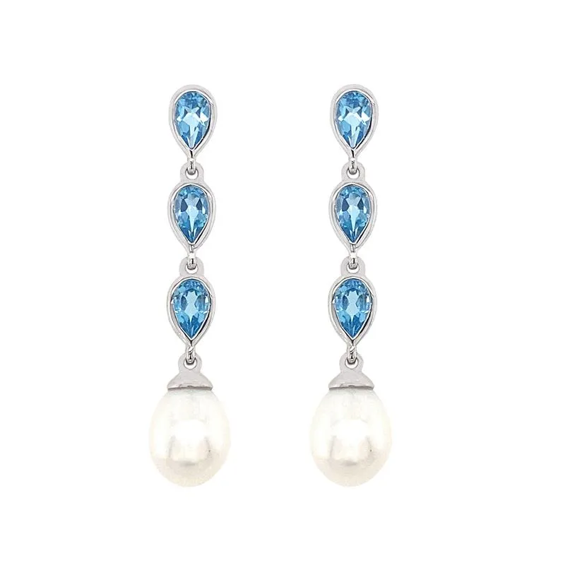 9K White Gold Pearl & Swiss Blue Topaz Triple Drop Earrings