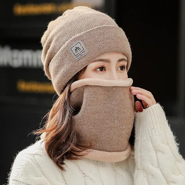 Add Fur Lined Set Fashion Beanie Outdoor Knitted Woolen Warm Winter Cap