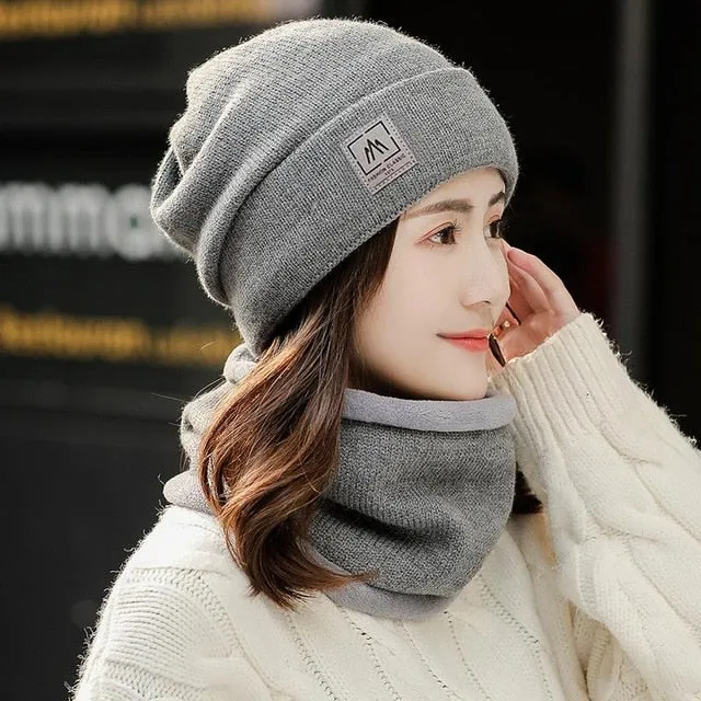 Add Fur Lined Set Fashion Beanie Outdoor Knitted Woolen Warm Winter Cap