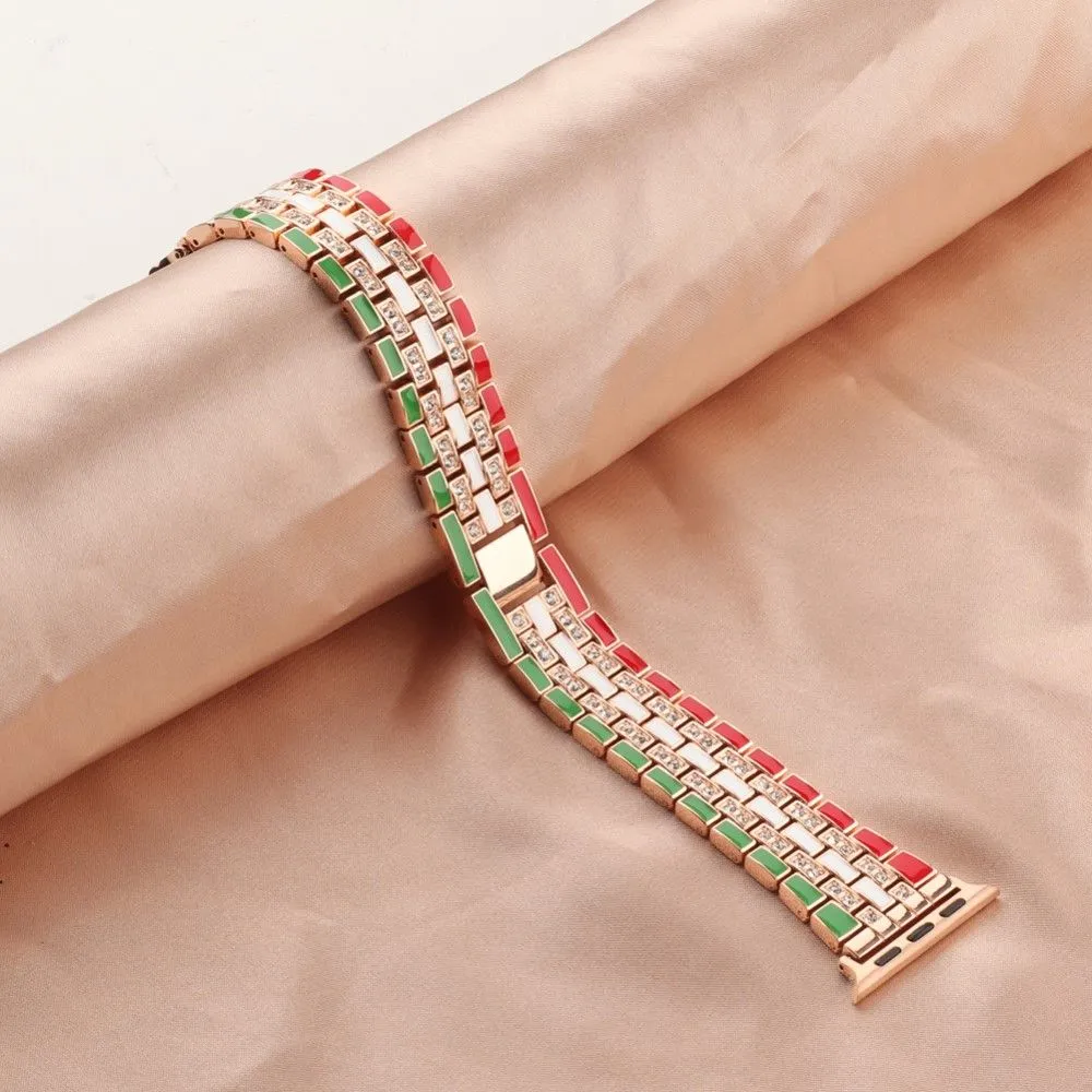 Apple Watch (45mm) rhinestone flag style watch strap - Red / Green / Rose Gold