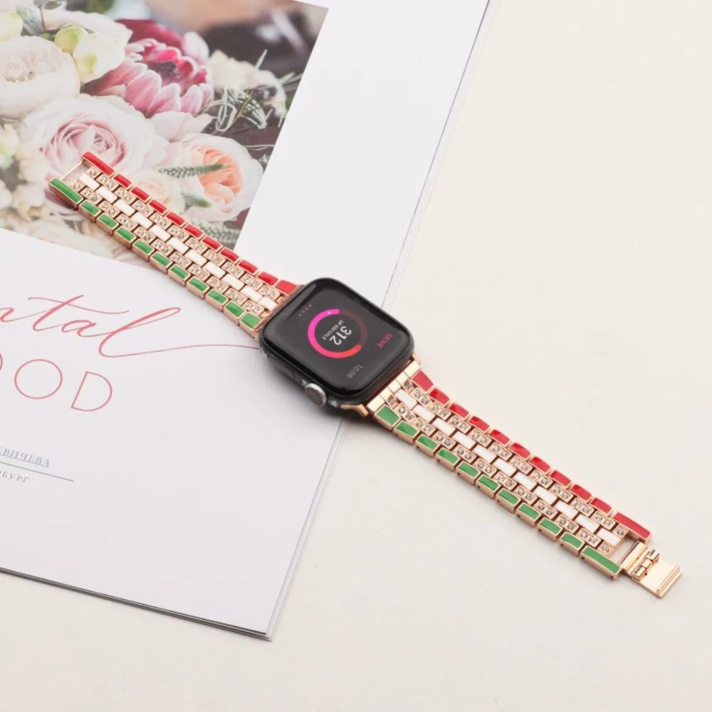 Apple Watch (45mm) rhinestone flag style watch strap - Red / Green / Rose Gold