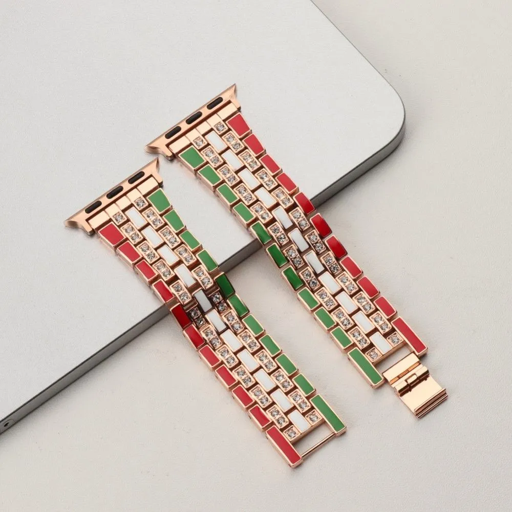 Apple Watch (45mm) rhinestone flag style watch strap - Red / Green / Rose Gold